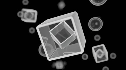 Sticker - abstract monochrome 3d cubes and bubbles. design. geometric background with flying and rotating shap