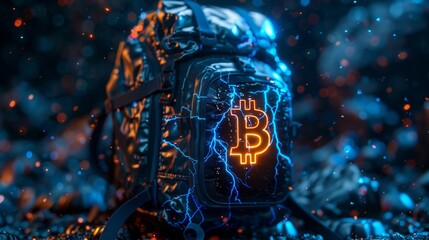 Canvas Print - digital humbpack with a bitcoin logo on it and blue lightning, crypto concept