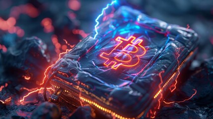 Wall Mural - digital humbpack with a bitcoin logo on it and blue lightning, crypto concept