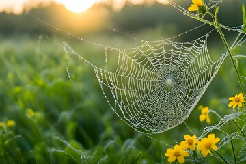A spider web is hanging over a field of yellow flowers