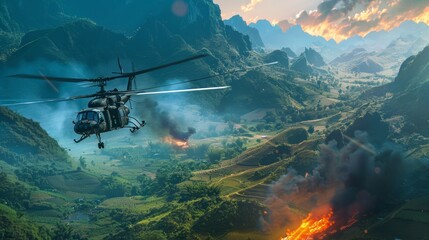 Wall Mural - helicopteres arriving in Valley of war is going on, explosions