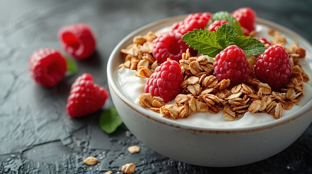 Healthy breakfast. Fresh granola, muesli with yogurt and berries on marble background.