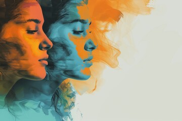 Poster - man and woman, abstract portrait in impressionist style with orange and blue tones on white background, psychosocial risks in the work environment