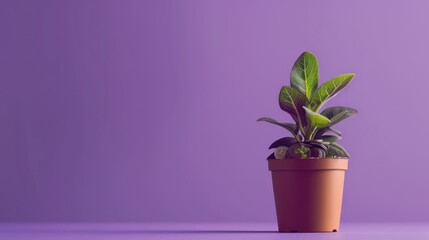 Wall Mural - coin moneys near small plant growing on pot copy space on purple background with minimalist style