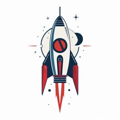 Sticker - styled monogram logo using an apollo era rocket ship, combining vintage engineering and digital on white background