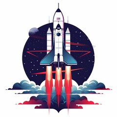 Sticker - styled monogram logo using an apollo era rocket ship, combining vintage engineering and digital on white background