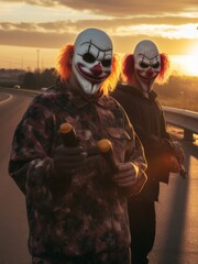 Wall Mural - thugs with firearms wearing clown masks standing on a highway at sunset