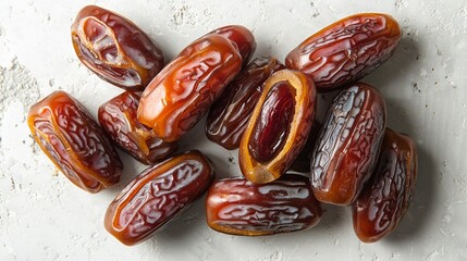 A collection of fresh, ripe dates, some whole and some sliced to show the soft, chewy interior, neatly placed on a pristine white background. isolate on white background Minimal and Simple style