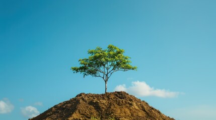 Canvas Print - A single tree growing out of a small mound of soil with a clear blue sky background, providing ample space for adding inspirational quotes or promotional messages 