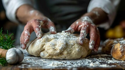 Wall Mural - Hands of a baker kneading dough with flour dusted on their fingers and the work surface. Minimal and Simple style