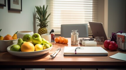 Dietitian's office with fruits, vegetables on the table