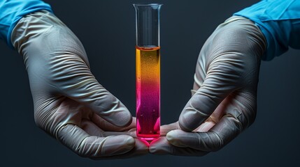 Wall Mural - A scientist's hands carefully holding a test tube filled with a colorful liquid, wearing protective gloves. Minimal and Simple style