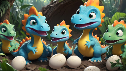 Cute baby dinosaurs hatching, Generative AI