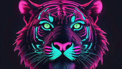 Wall Mural - Neon avatar vector-style image of neon tiger cyberpunk head, Generative AI