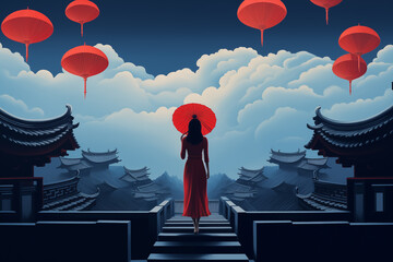 woman with red umbrella in traditional chinese architecture setting with red lanterns