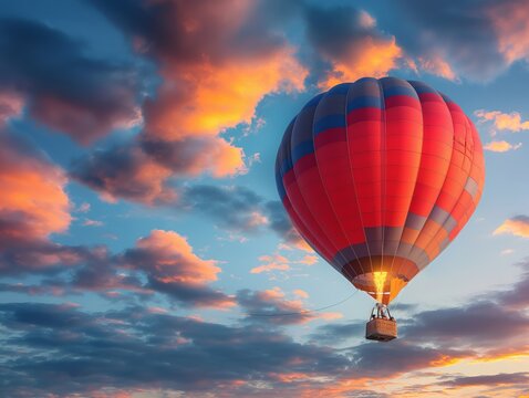 A red hot air balloon is flying in the sky. The sky is cloudy and the sun is setting