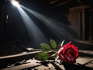 Sticker - red roses on old wooden table in dark background