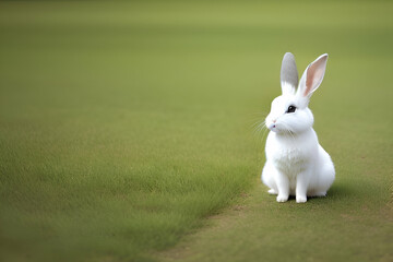 Wall Mural - Cute rabbit sitting on green field spring meadow / Easter bunny hunt for festival on grass
