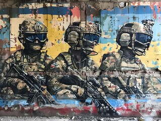 Wall Mural - Heavily Armed Military Squad Engaged in Tactical