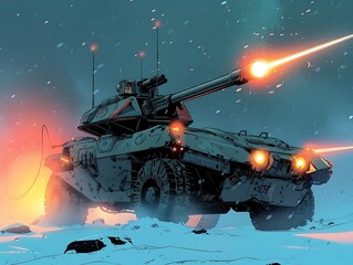 Wall Mural - Heavily Armed Tank Surging Through Snowy Battlefield Amid Intense Combat and Explosive Conditions