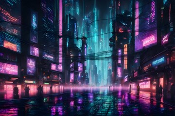 Wall Mural - A neon cityscape with a bridge in the middle