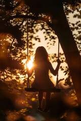 Wall Mural - A silhouette of a girl sitting on a tree swing at sunset creates a backlit image of a young woman swinging in the park.