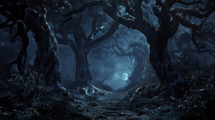 Wall Mural - Concept art depicts a forest at night, with gnarled trees and a path leading into the darkness, all illuminated by moonlight, creating a scene filled with mystery.