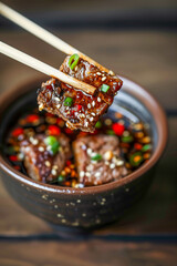 Wall Mural - A bowl of meat with chopsticks in it