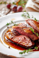 Wall Mural - A plate of meat with gravy and herbs on top