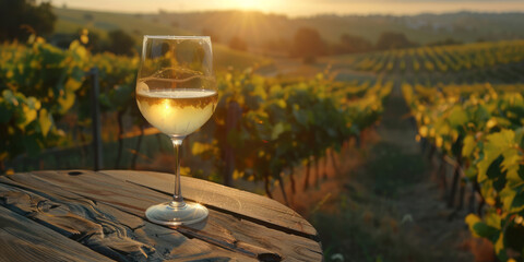 Wall Mural - A glass of white wine on an old wooden table is set against the backdrop of vineyards and sunlight, offering a panoramic view.