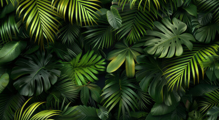 Wall Mural - A lush and dense dark green palm tree canopy with vibrant leaves stands against a deep black background.