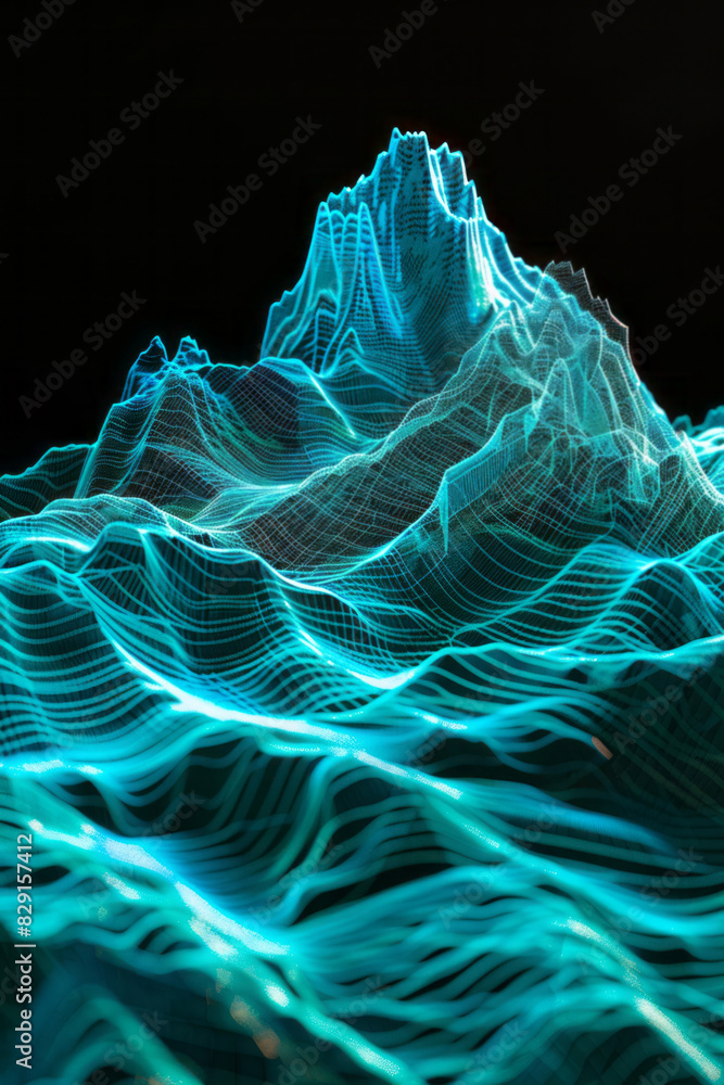An abstract mountain range as a 3D wireframe with turquoise and teal ...