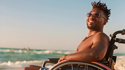 Wall Mural - candid young black man in a wheelchair sunbathing at the beach,generative ai