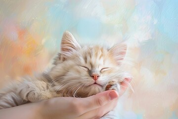 Wall Mural - Cute fluffy kitten being cuddled, a beautiful pet portrait with a soft background