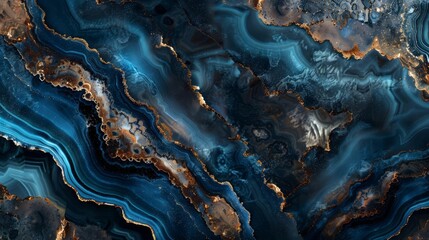 intricate blue and brown agate surface pattern on dramatic dark background abstract gemstone concept digital illustration