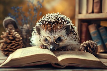 Wall Mural - Cute hedgehog with glassess reading a book