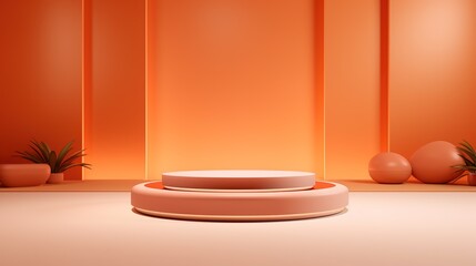 Wall Mural - 3D Render of Minimal Orange Background with Podium Stage and Glowing Neon Light Ring for Product Presentation, Modern and Sleek Design