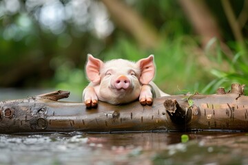 Wall Mural - Cute little pig lying on a log in the river and smiling