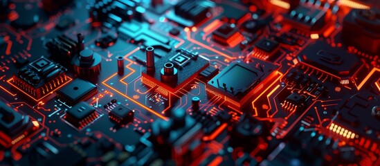 A close up of a computer chip with a red and blue background