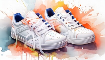 Wall Mural - Watercolor illustration of white sneakers shoes