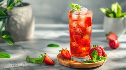 Poster - Refreshing summer drink with ice in tall glass and wooden saucer