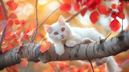 Wall Mural - Cute white cat lying on tree branch with colorful autumn leaves, blurred fall red and orange background, with copy space