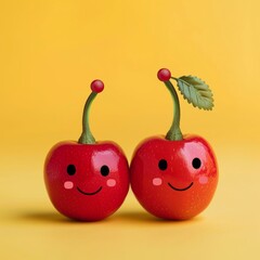 Two couple cherry with smiley faces on a desk. International Friendship Day Concept.