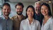 © JINGWEN - Professional white-collar team smiling confidently in a modern office setting, faces sharply in focus under bright lights, HD close-up of their upper bodies