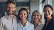 © JINGWEN - Professional white-collar team smiling confidently in a modern office setting, faces sharply in focus under bright lights, HD close-up of their upper bodies