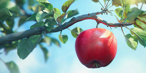 A vibrant red apple dangles from the branch of a tree, its verdant leaves shining against a crisp blue sky