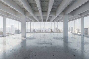 Wall Mural - 3D render of an empty loft with city view white walls and concrete floor