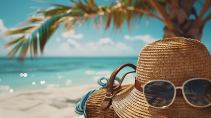 Straw hat, bag and sun glasses on a tropical beach background. Generative Ai technology.