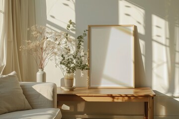 Wall Mural - Aesthetic mockup poster in sunlight on wooden table in warm living room 50x70 20x28 20RP frame