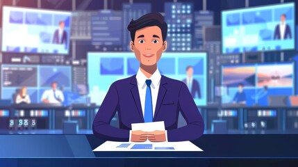 Wall Mural - professional tv news anchor delivering breaking news report in studio setting media and journalism concept broadcast journalism illustration